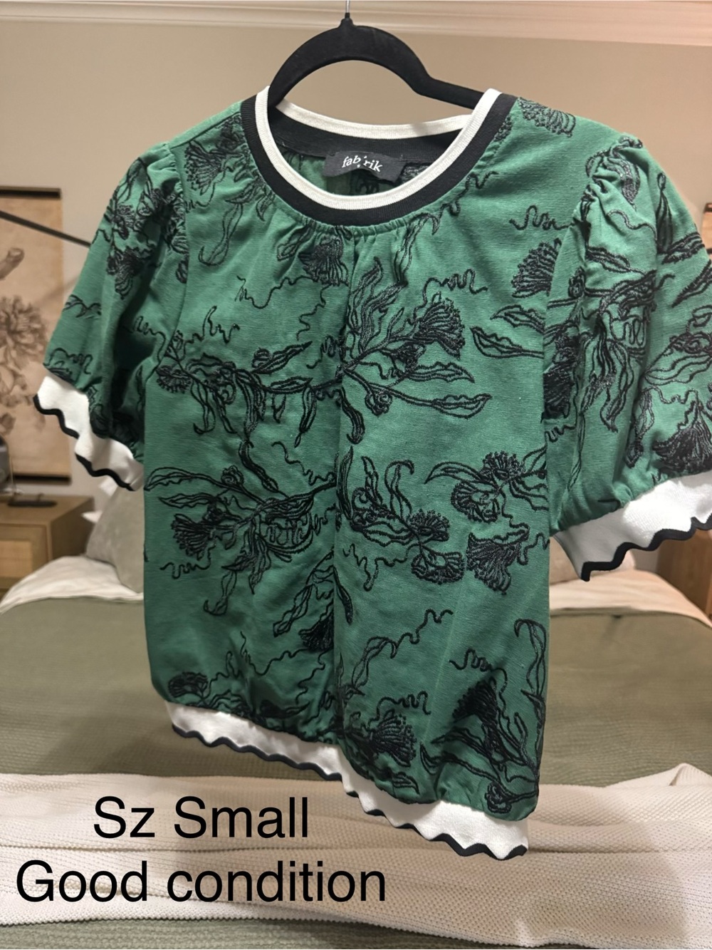fab'rik Green Floral Tee with Black Contrast Trim